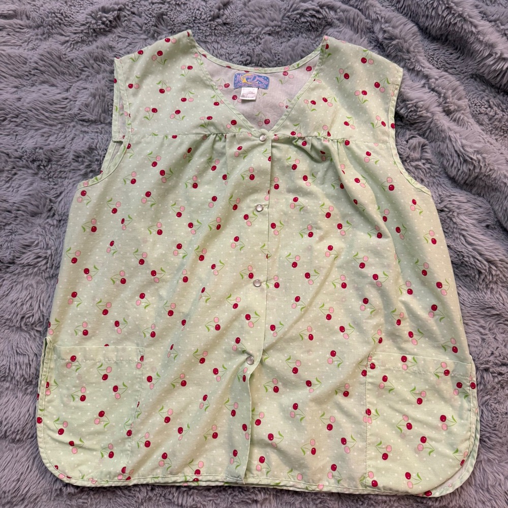 Moon Dance Cherry Print Snap Front House Top Vest Green Plus Size 1X 71400